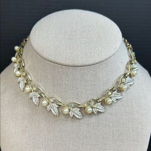 Vintage Judy Lee Gold and Silver Leaf Pearl Necklace